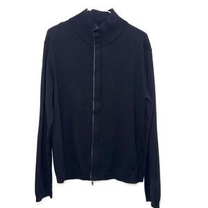 Z Zegna Classic 100% Wool Leather Trim Zip Up Cardigan Sweater - Black L
